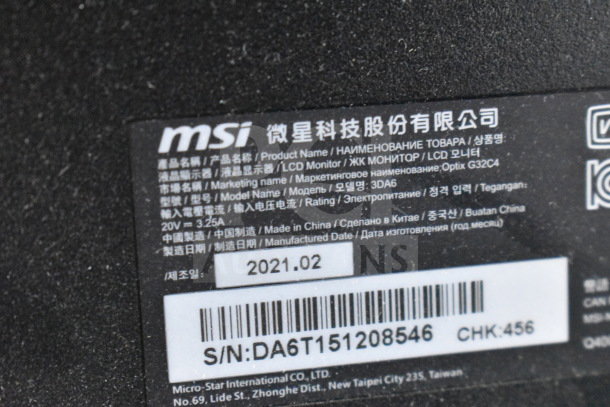 Label on MSI Optix G32C4 monitor, made in China, model 3DA6, manufactured February 2021. Serial: DA6T151208546.