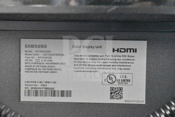 Samsung Monitor Label, Model S27AG552EN, HDMI, 40W, Made in Vietnam, November 2022. FCC compliant.