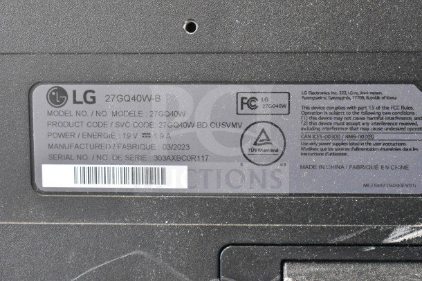 Label on LG monitor, model 27GQ40W-B, product code 27GQ40W-BD.CUSVMV, power 19V 1.9A, manufactured 03/2023, serial 303AXBCOR117.