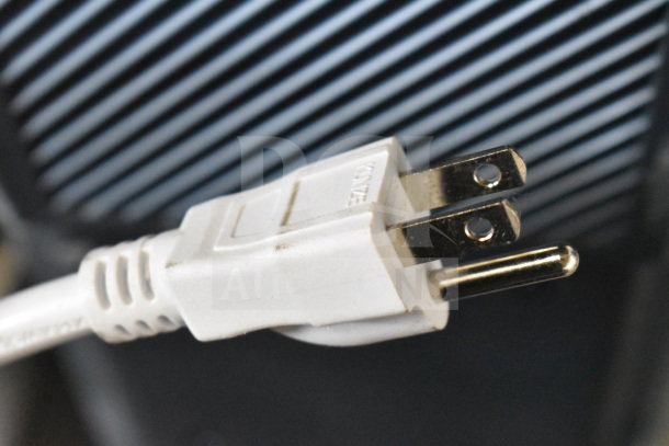 Ion speaker with white power plug, shown in close-up. Power plug features standard prongs, suitable for most outlets.