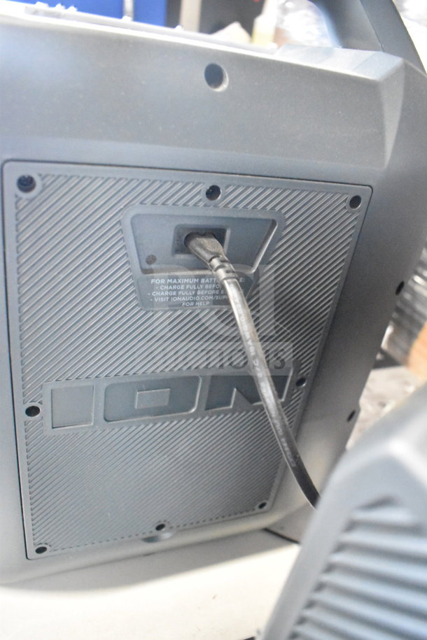 Ion speaker with visible charging cable, textured back panel, and brand logo. Auction includes store display set, enhancing value.