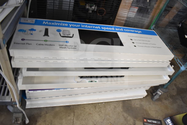 8 WiFi system boxes stacked, labeled "Maximize your internet speed and coverage," showing internet setup steps.