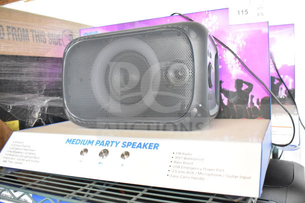 Onn Medium Party Speaker, new in-store display. Features Bluetooth, FM radio, IPX7 waterproof, bass boost, and USB port.