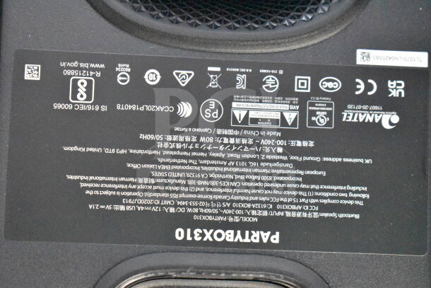 JBL PartyBox310 speaker label, displaying model and regulatory information. Validate condition and authenticity.