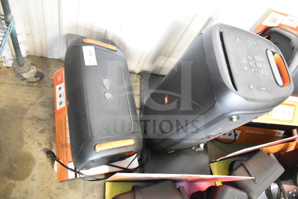 JBL PartyBox 110 speaker on store display. Features include control panel, original packaging, excellent condition. Model: PartyBox 110.