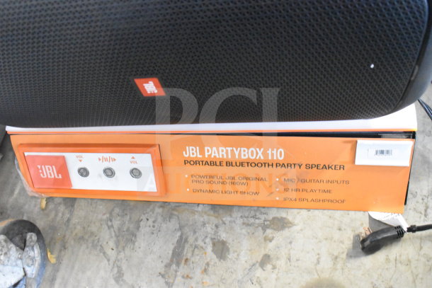 JBL PartyBox 110 Speaker display, highlights 160W sound, dynamic light show, mic/guitar inputs, 12-hour playtime, IPX4 splashproof.