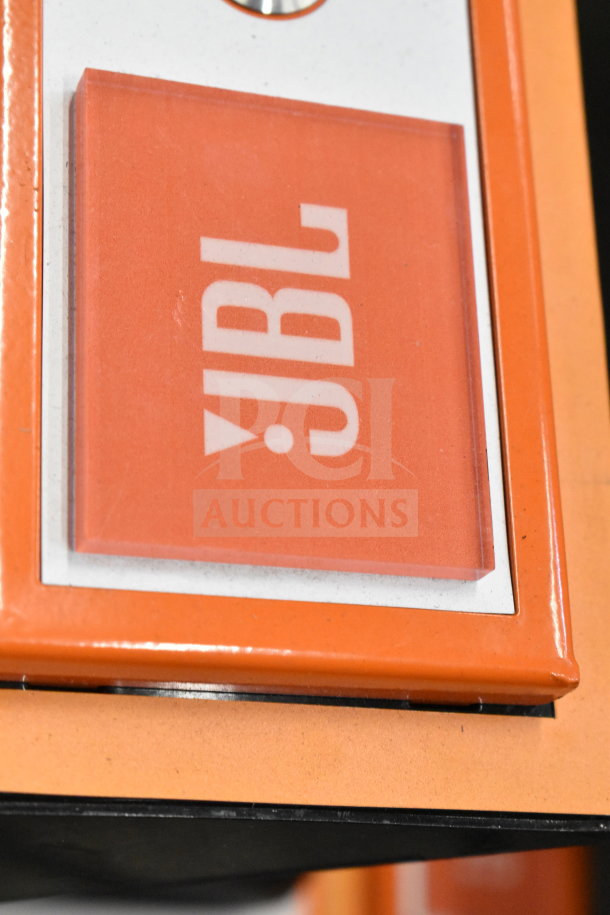 JBL display stand featuring a branded panel for JBL PartyBox 110 speaker, emphasizing brand quality and appeal.