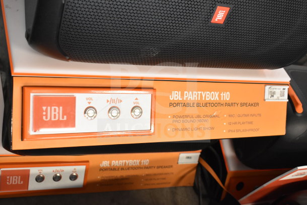 JBL PartyBox 110 Speaker, store display; features 160W sound, dynamic light show, mic/guitar inputs, and IPX4 splashproof.