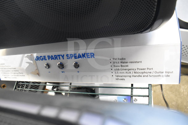 Onn Large Party Speaker with FM radio, IPX4 water-resistance, bass boost, USB power port, AUX input, handle, and wheels.