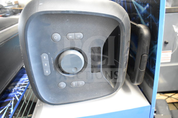 Onn Large Party Speaker, black, with control panel featuring power, volume, and bass adjustment buttons; used condition.