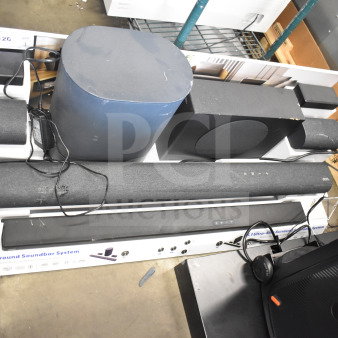 Store display featuring Onn soundbars and speakers, model 5.1.2 Surround Soundbar System. Tags indicate $199 price.