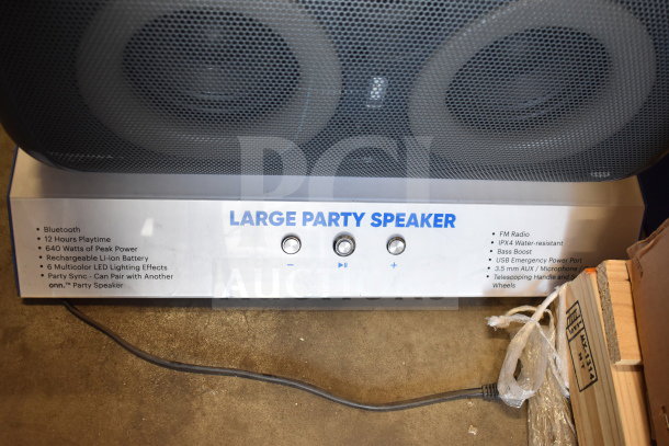 Onn Large Party Speaker with Bluetooth, 12hr playtime, 640W peak power, multicolor LED, and FM radio. Store display model.