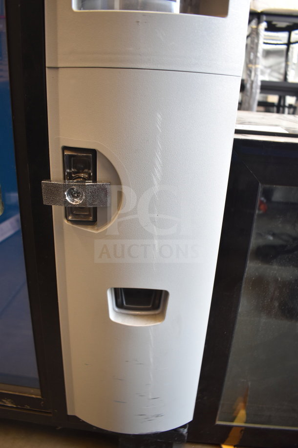 Crane 5800-4HC vending machine, commercial bottled drink model with bill acceptor. Visible scratches, uses 115 volts, 1 phase.