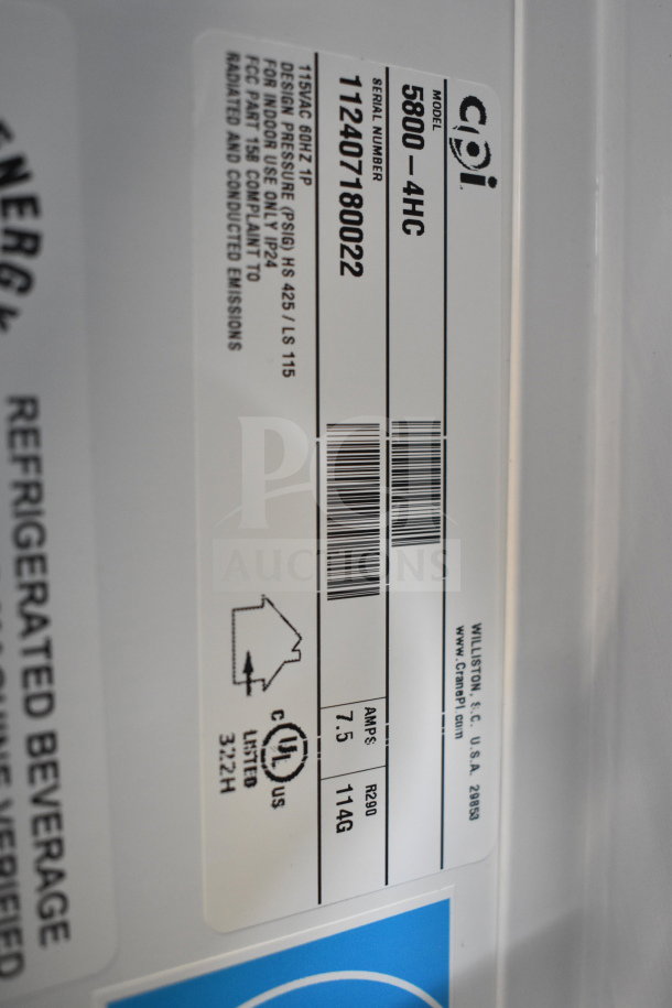 Crane 5800-4HC commercial drink vending machine with bill acceptor, 115V, 1 Phase, shown with specifications label.