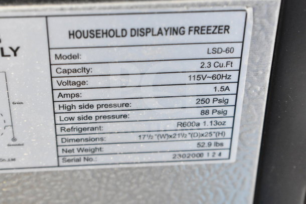 LSD-60 Mini Cooler Merchandiser label; 2.3 cu.ft capacity, 115V, 1.5A, R600a refrigerant. Model: LSD-60, Serial: 2302000124.