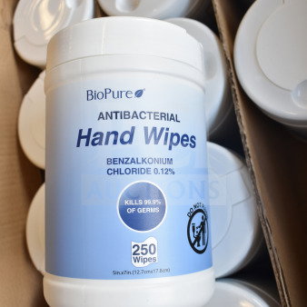 BioPure Antibacterial Hand Wipes, Benzalkonium Chloride 0.12%, 250 wipes per container, kills 99.9% germs, box of 12.
