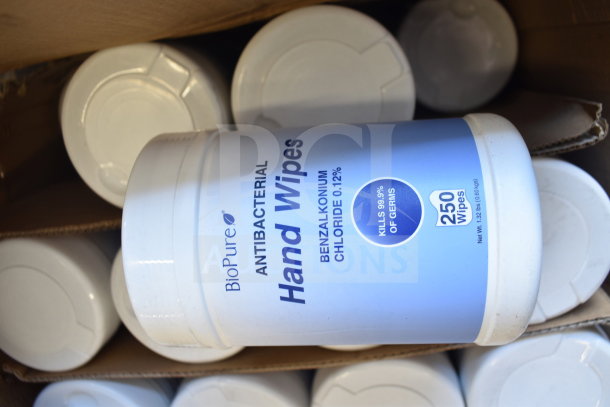 5 boxes of BioPure Antibacterial Hand Wipes, each containing 12 bottles. Labels indicate benzalkonium chloride 0.12%.