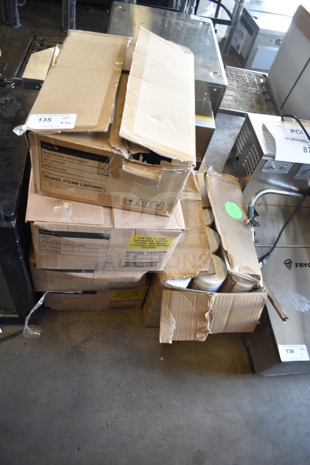 5 boxes of 12 bottles of BioPure Hand Wipes, 250 count each. Boxes show wear with visible labels and markings.