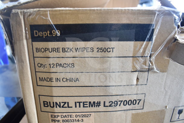 5 Boxes, BioPure BZK Wipes, 250ct each. Includes 12 packs per box. Made in China. Bunzl item #L2970007, exp. 01/2027.