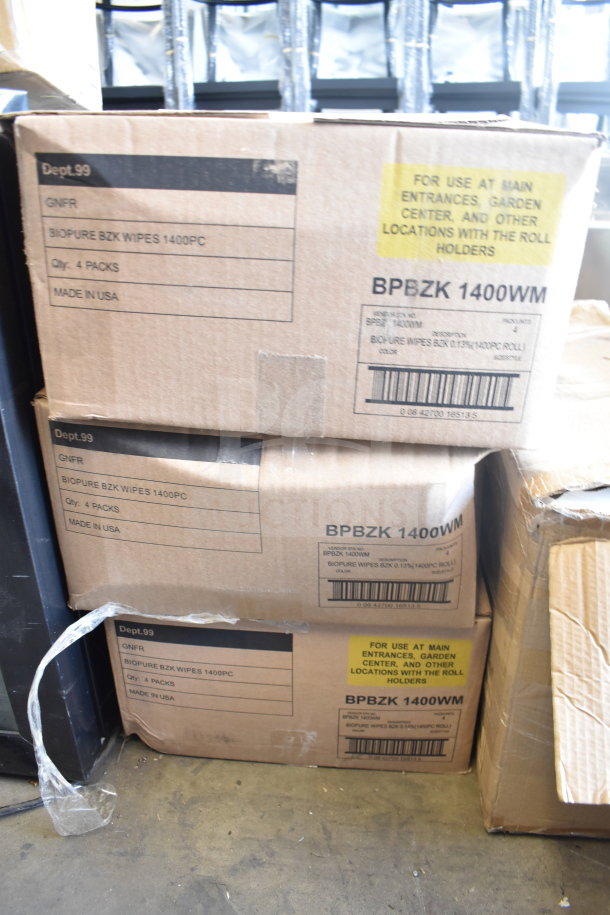 5 boxes of BioPure BZK 1400PC hand wipes, each box containing 4 packs. Made in USA, labeled for use in various locations.