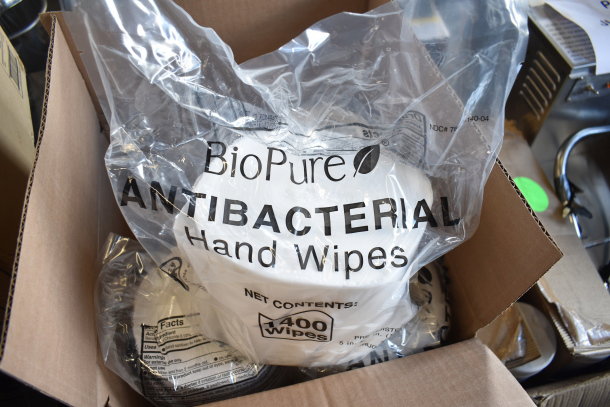 Box containing BioPure Antibacterial Hand Wipes, pack of 400. Sealed packaging with visible label and product details.