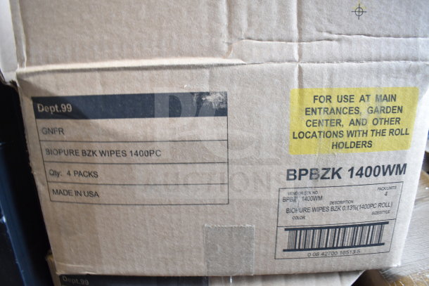 5 boxes of BioPure BZK wipes, each with 12 bottles, 1400 wipes total per box. Labeled for use at various locations.