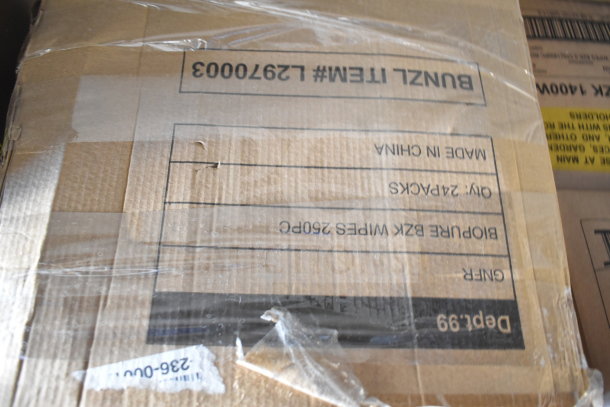 5 boxes containing 12 bottles of BioPure hand wipes each, new condition. Packaging labeled, "BioPure BK Wipes 250PC Made in China."