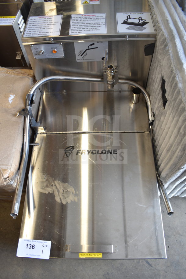 BRAND NEW Fryclone 259OFM110 low-profile fryer oil filter machine, 115 lb capacity, two-way pump, 120V, 1 Phase, warning labels visible.