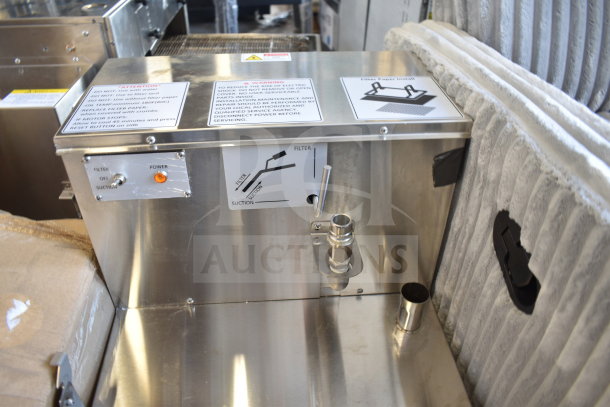 Brand new Fryclone 259OFM110 fryer oil filter machine, stainless steel, 115 lb capacity, 2-way pump, labels for operation guidance.