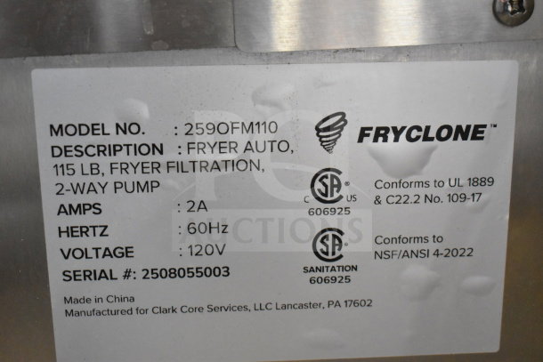 Brand new Fryclone 259OFM110 fryer oil filter machine, 115 lb capacity, 2-way pump, 120V, with conformity labels.