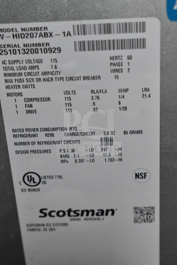 Scotsman HID207ABX-1A Meridian Ice Machine label detailing model, voltage, refrigerant, and certification markings.
