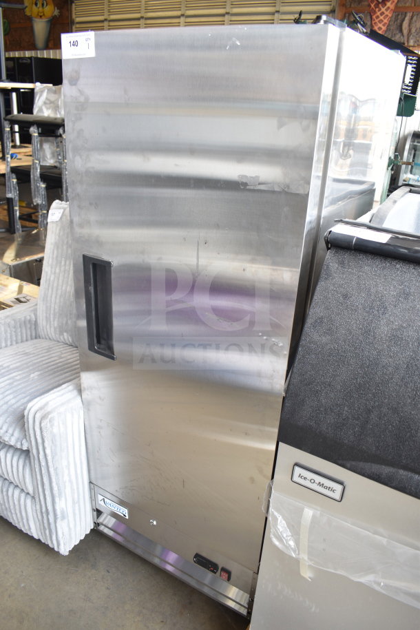 Avantco 178A12RHC single door commercial cooler, stainless steel, 115 volts, visible wear, model label intact.