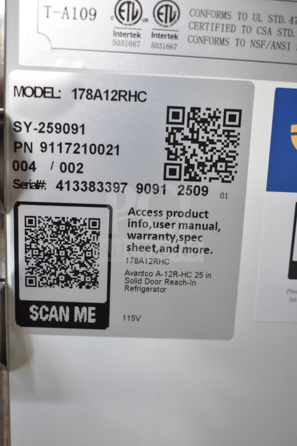2025 Avantco 178A12RHC Commercial Single Door Reach In Cooler label. Shows model, serial number, and 115V power info.