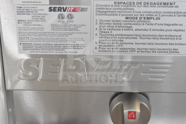 Brand new 2025 ServIt 423GST3WELP, three pan steam table, propane, 10,500 BTU, with undershelf, scratch and dent.