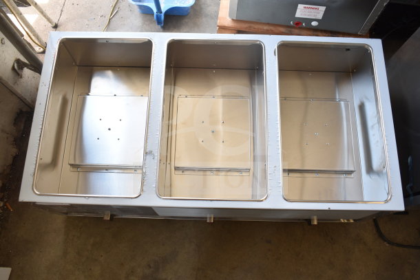 ServIt 423GST3WELP three-pan open well steam table, liquid propane, brand new with minor scratch and dent, 10,500 BTU, undershelf.