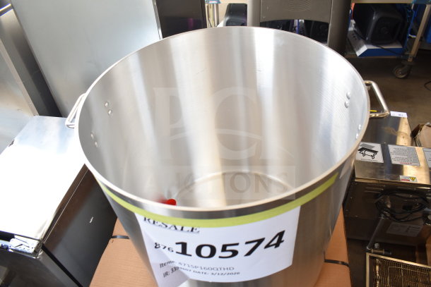 BRAND NEW Choice 471SP160QTHD 160 Qt. Heavy Weight Aluminum Stock Pot, slight scratches, handle grips, resale tag visible.