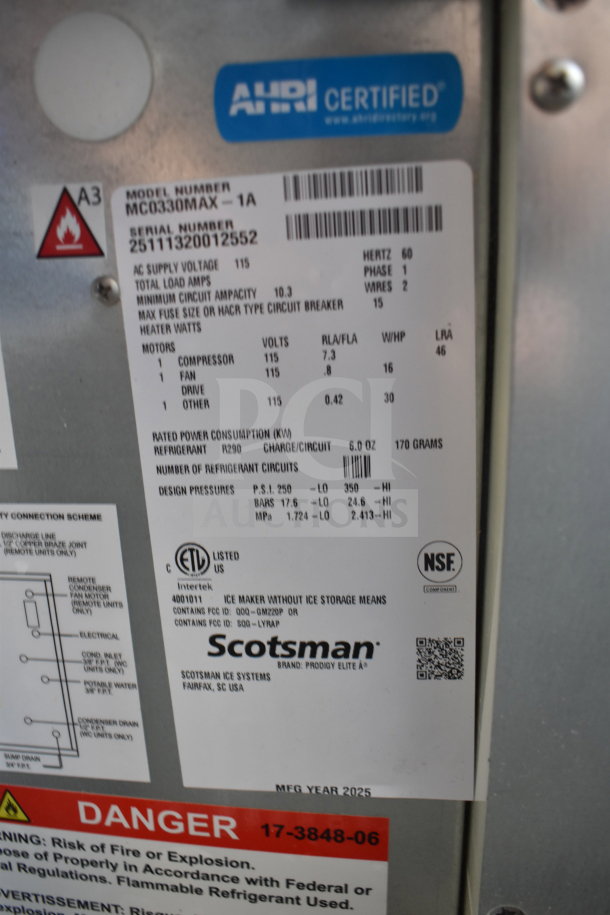 BRAND NEW 2025 Scotsman Prodigy Elite® MC0330MAX-1A ice machine, 30", 400 lb capacity, 115V, scratch and dent condition.