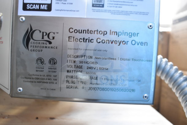 Cooking Performance Group 351ICOED countertop impinger electric conveyor oven, 240V, 1 phase, brand new with tags.