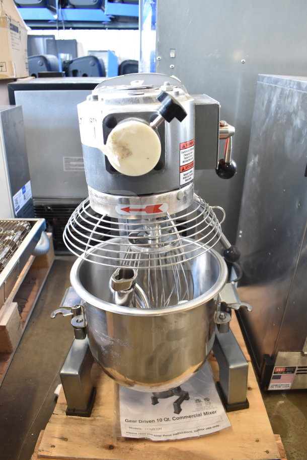 Brand new Avantco 177MX10H 10 qt planetary dough mixer, includes bowl, bowl guard, paddle, whisk, and dough hook. 120V, 1 phase. Scratch and dent condition.