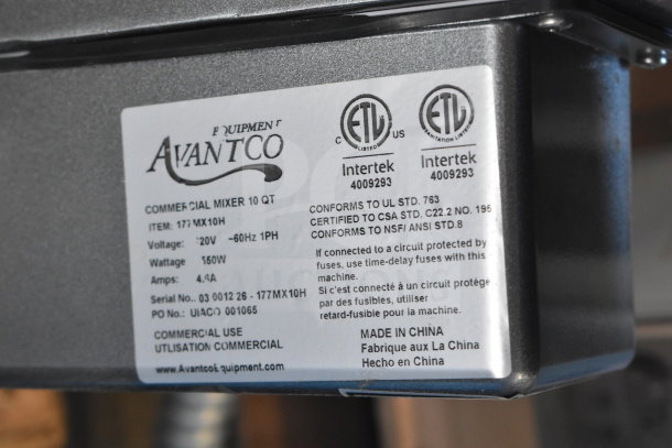 Avantco 177MX10H 10 Qt. mixer, brand new, scratch and dent, 120V, 1 Phase. Includes bowl, guard, paddle, whisk, hook.