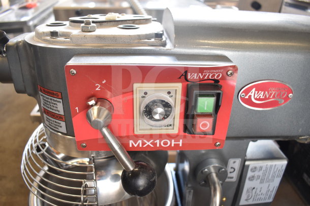 Avantco 177MX10H mixer, red control panel with speed dial, power switches, bowl guard. Brand new, scratch and dent condition.