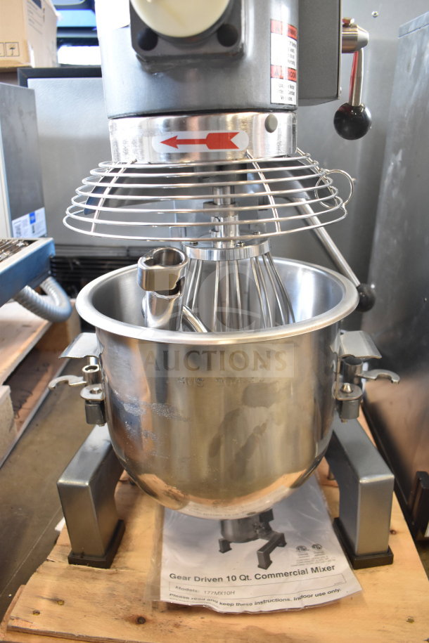 Brand new Avantco 177MX10H 10 Qt planetary dough mixer with bowl, guard, paddle, whisk, and hook attachments.