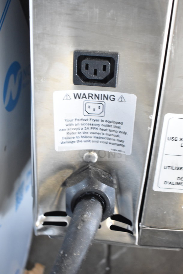 LIKE NEW 2026 Perfect Fry PFA730 Commercial Ventless Deep Fryer, 240V, 1 Phase. Features a warning label for accessory outlet.