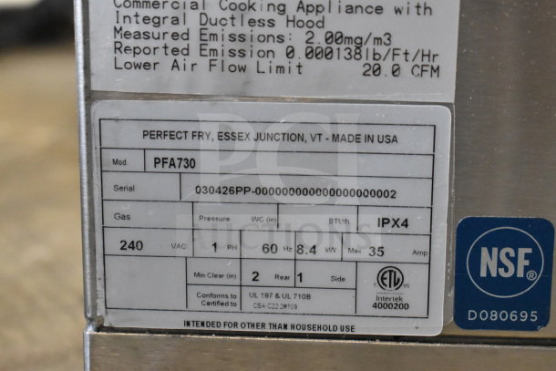 LIKE NEW Perfect Fry PFA730 Commercial Ventless Fryer, 240V, 1 Phase, Model PFA730, NSF Certified, Serial 030426PP.