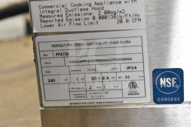 Perfect Fry PFA730 commercial fryer, ventless, 240V, 1 phase, NSF certified, like new, model and serial labels visible.