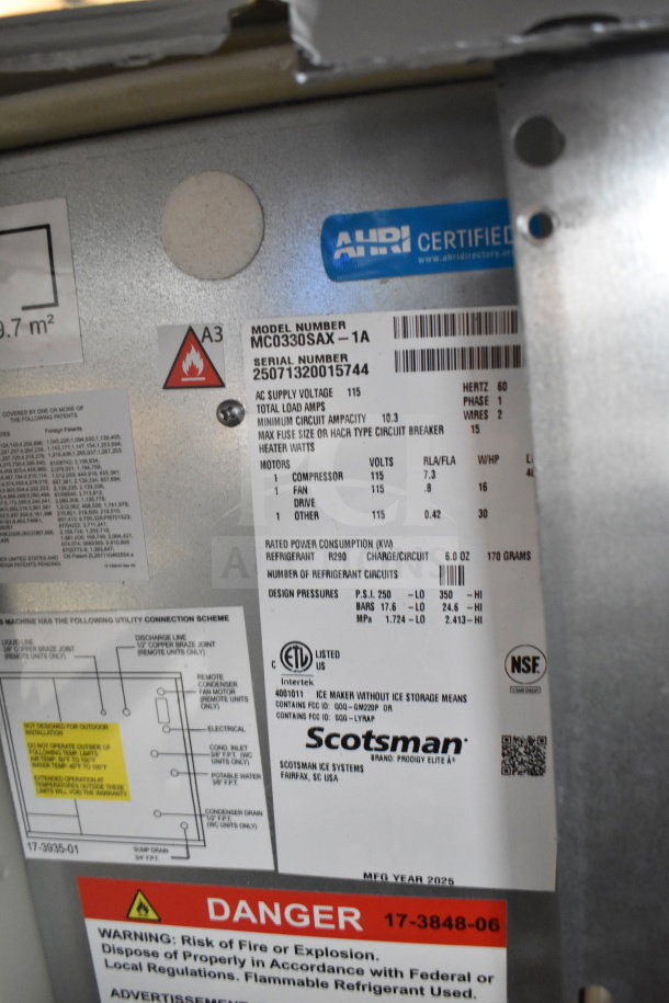 Brand new Scotsman MC0330SAX-1A ice machine label, AHRI certified, 365 lb capacity, 115V, 1-phase, year 2025.