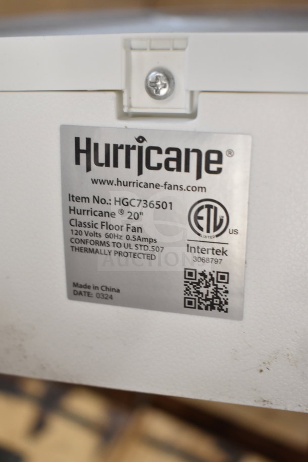 Hurricane HGC736501 Box Fan label, 20", 120V, ETL listed, made in China, classic floor fan specs on metal tag.