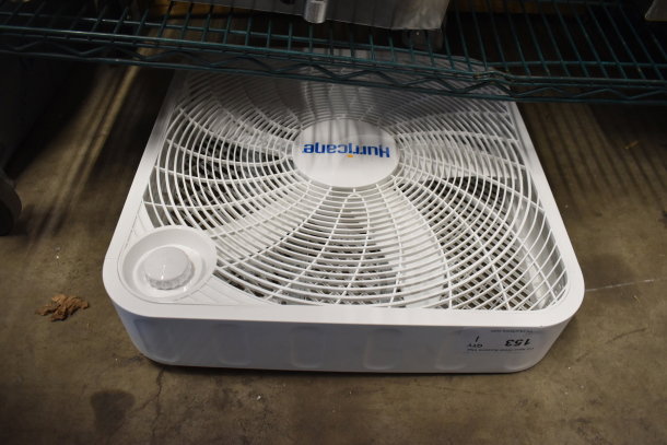 Hurricane HGC736501 box fan, white, 115 volts, 1 phase. Features adjustable dial. Appears in good condition.