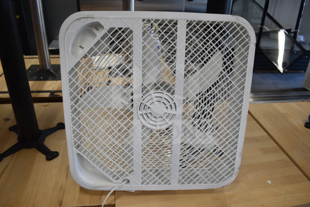 Hurricane HGC736501 box fan, white, 3 blades, 115 volts, 1 phase, fair condition, showing light wear on surface.
