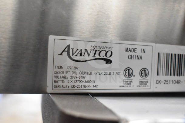 Avantco 177F202 electric fryer label, 30 lb. dual tank, 208-240V, 2700-3600W, serial CK-251104R-142, made in China.
